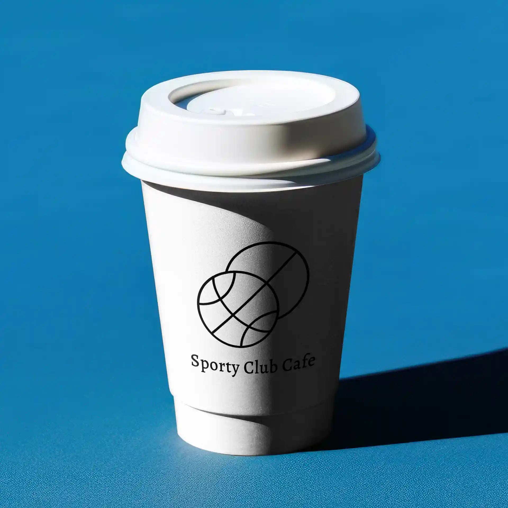 Witte dubbelwandige papieren beker met deksel, met een logo en tekst, geplaatst op een blauwe ondergrond.