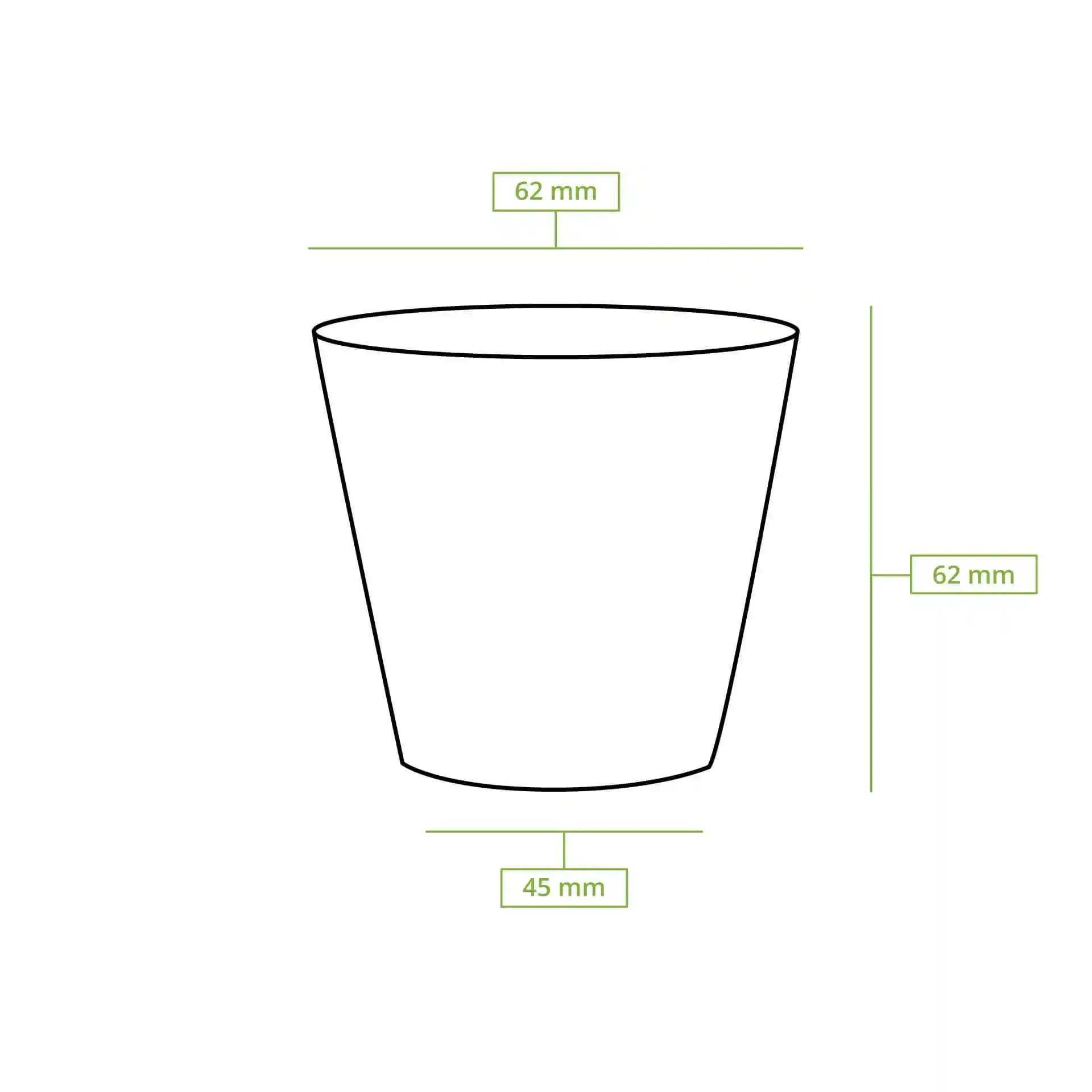 Schematische tekening van een ronde papieren beker met afmetingen: 62 mm diameter boven, 46 mm diameter onder en 60 mm hoogte.